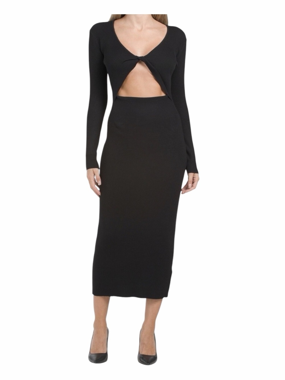 NWT House of Harlow 1960 Black Ribbed Knit Twist Front Cut Out Midi Dress Medium